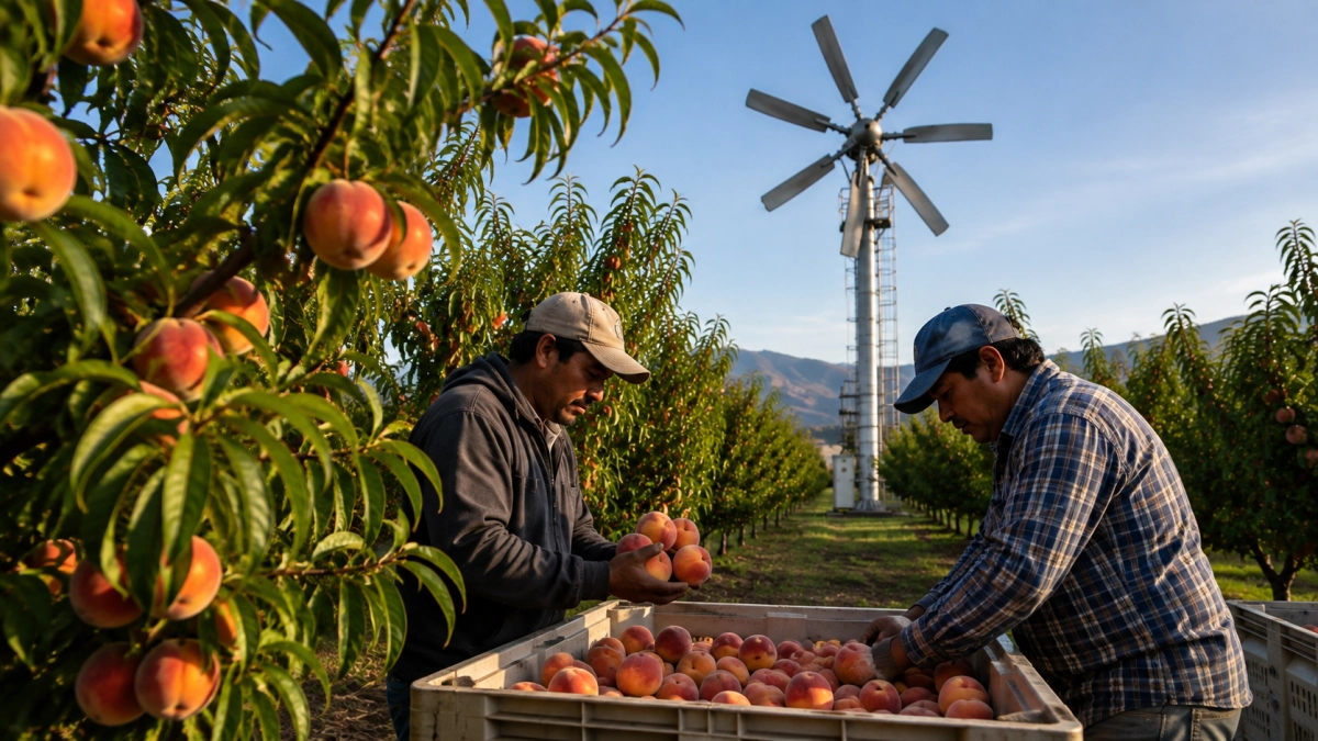 Colocaron un ventilador de 4,5 metros en una torre en el campo y salvaron sus cultivos de duraznos y frutas de las heladas