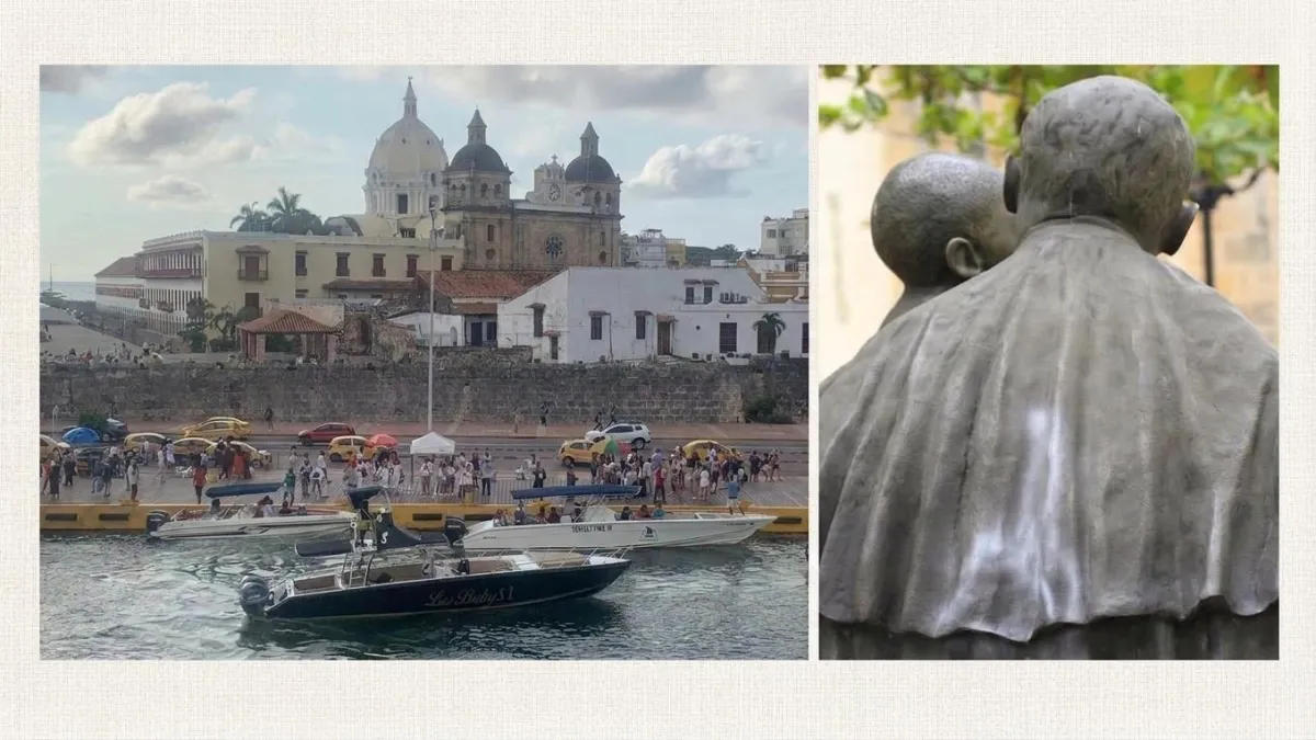Vandalizan ‘El Santo y el Esclavo’: la histórica escultura de Enrique Grau amaneció salpicada de pintura en el Centro Histórico de Cartagena
