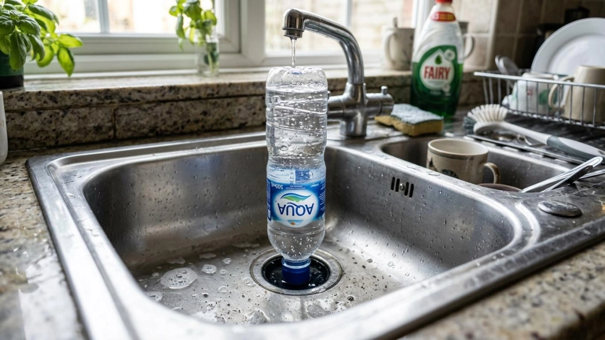 ¿Para qué sirve colocar una botella de plástico con agua boca abajo en el desagüe del lavaplatos?