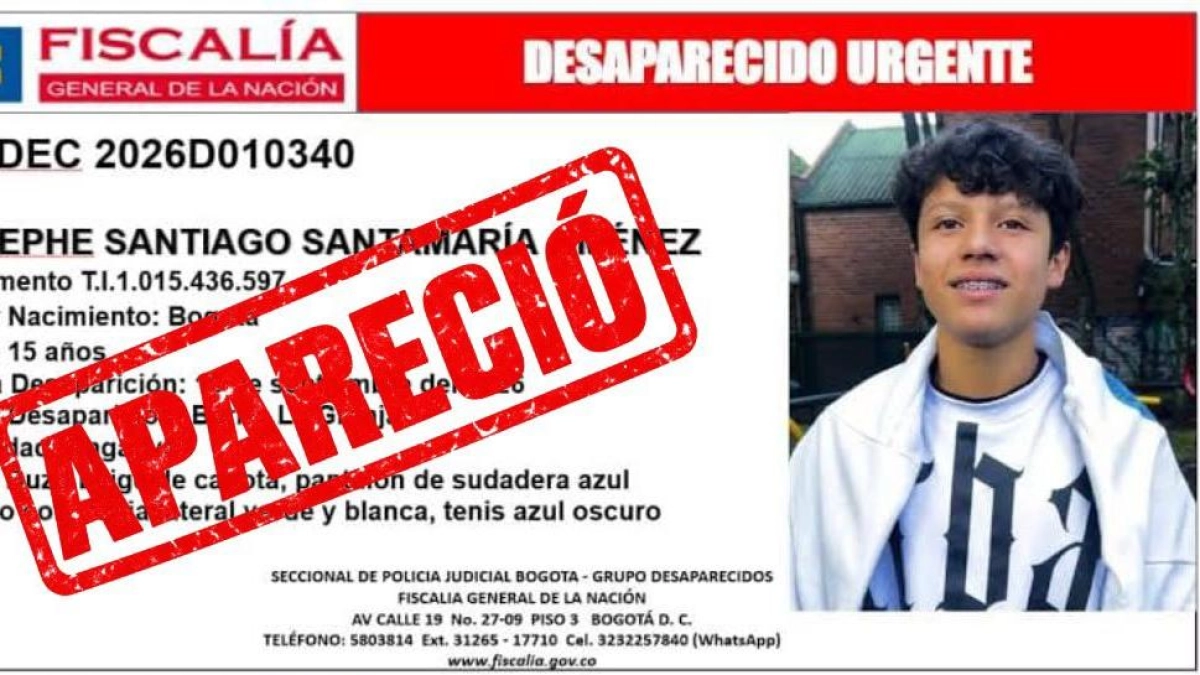 Joseph Santiago Santamaría, menor de 15 años reportado como desaparecido en Bogotá desde hace varios días, fue localizado en el centro de la capital