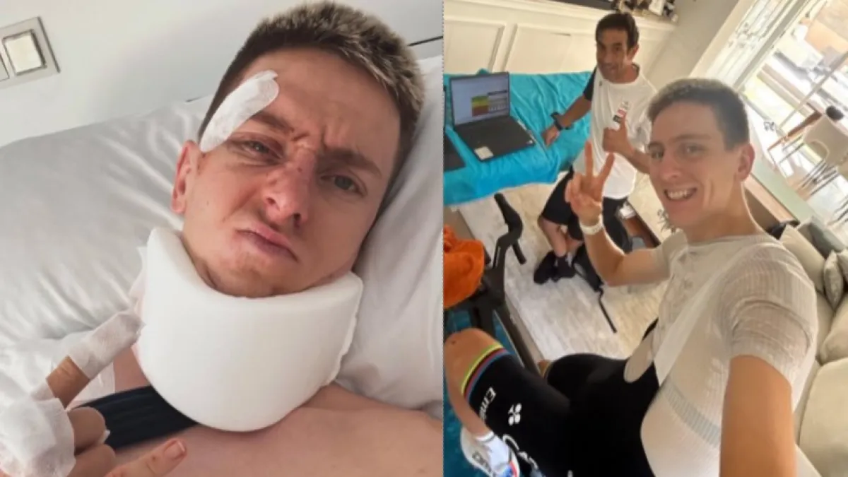 Video | Tadej Pogacar reaparece: mostró las heridas que le dejó el accidente en la Vuelta a España y monta en bicicleta