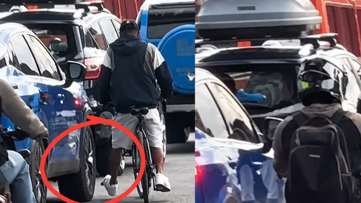 Video muestra a pinchallantas en acción en pleno trancón en Bogotá: pilas, en un segundo, en bicicleta, daña llanta de camioneta