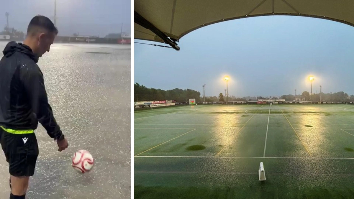 Insólita situación en el fútbol de España: cayó diluvio antes de un partido y fue aplazado porque el agua le llegó al tobillo al árbitro (video)
