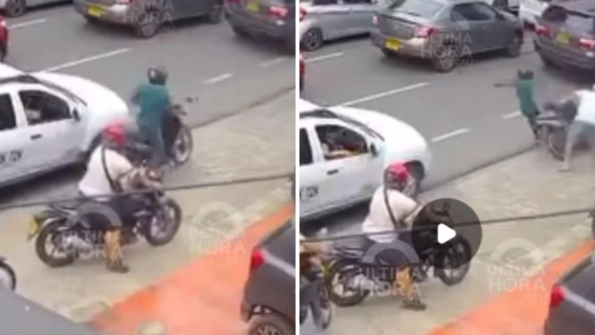En video, un motociclista robó a una mujer y luego un ciudadano lo derribó: en el forcejeo, el hijo de la víctima del hurto recibió un disparo en Cali