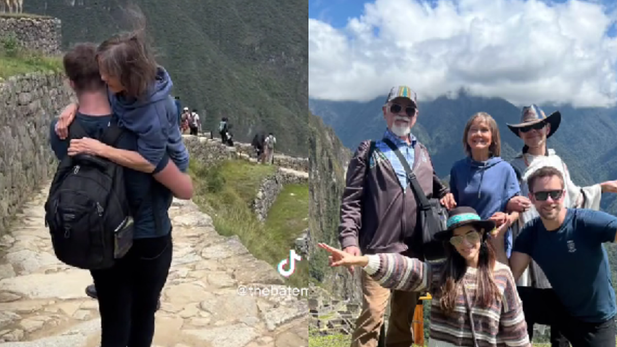 Mujer invidente es cargada para ser llevada a Machu Picchu