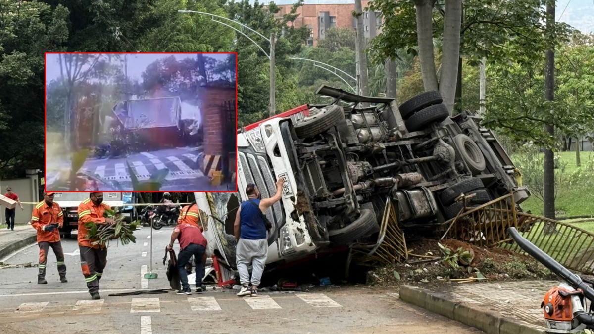 VIDEO | Aparatoso accidente de tránsito en la Loma de Los Balsos en Medellín: camión perdió el control y se volcó; un motociclista se salvó de milagro