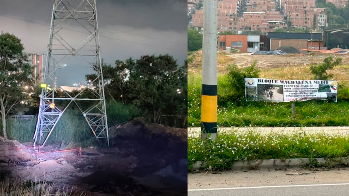 Atacan con explosivos torre de energía de EPM en Bello (Antioquia): dejaron una bandera alusiva al Frente 36 de las disidencias