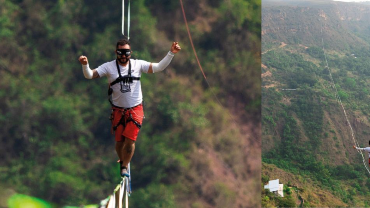 Colombiano logra récord mundial al cruzar a ciegas en cuerda floja el Cañón del Chicamocha