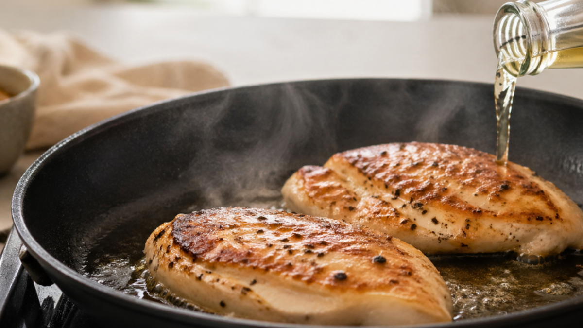 Poner vinagre de manzana en la sartén al freír pechuga de pollo: el truco que mejora su jugosidad, potencia el sabor y evita que quede seca