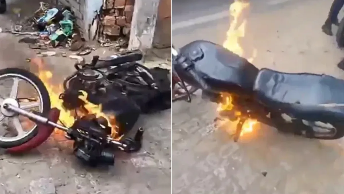 Video | La reacción de ira de un motociclista detenido en retén de tránsito por circular sin casco ni licencia: se enfureció y prendió fuego a su moto