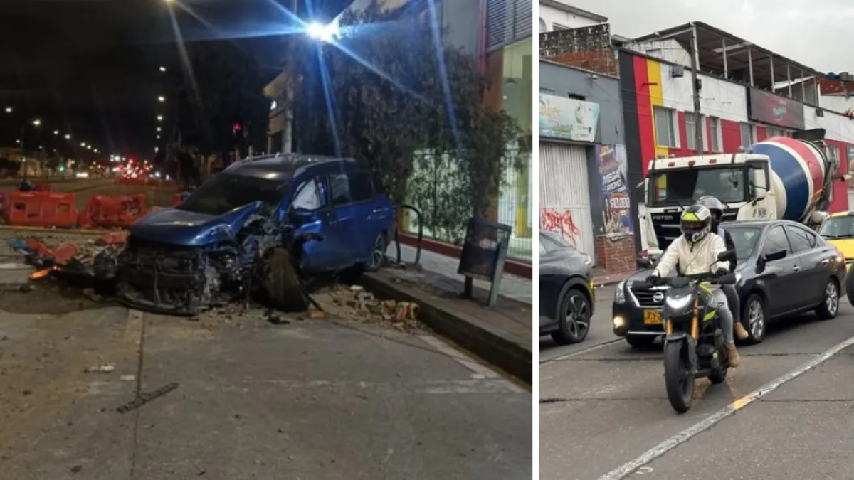 Caótica mañana del jueves 18 de junio en Bogotá: una camioneta quedó destrozada tras chocar contra un semáforo y otro vehículo se volcó