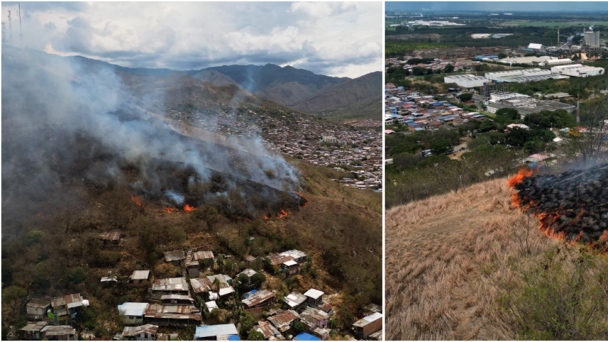 Incendio forestal en Yumbo, Valle del Cauca, amenaza varias viviendas mientras Bomberos mantienen las labores de control de la emergencia