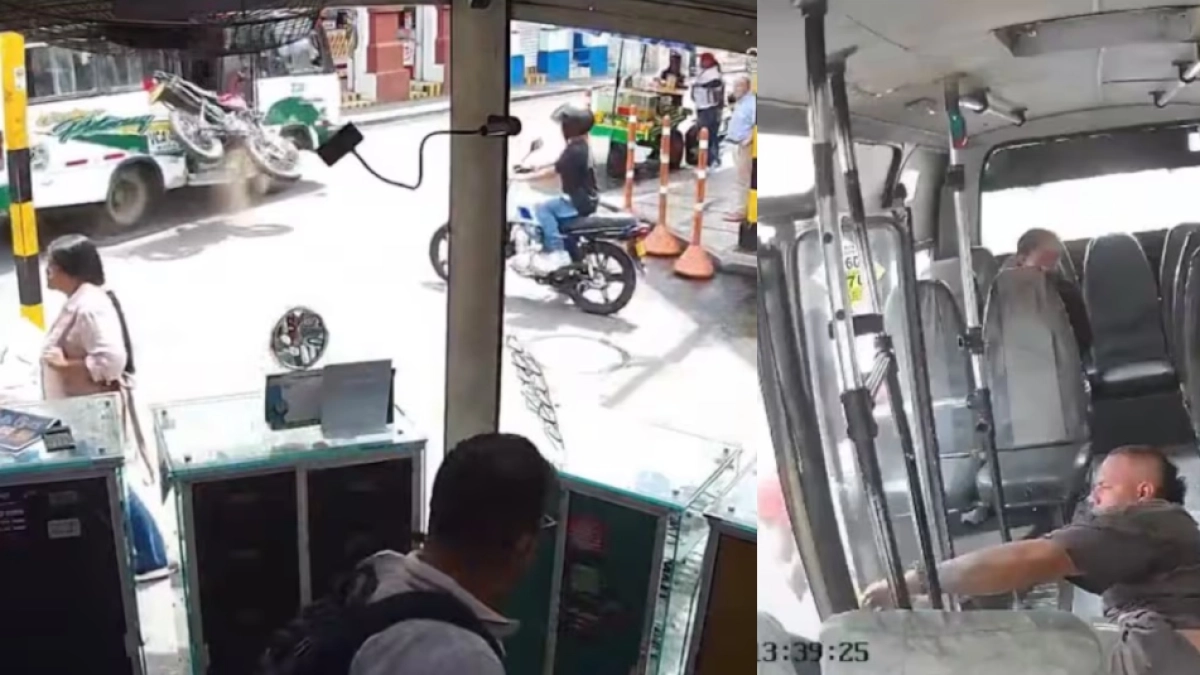 Motociclista terminó dentro de una buseta tras fuerte choque en el centro de Buga: 'Menos mal que no le pasó nada'
