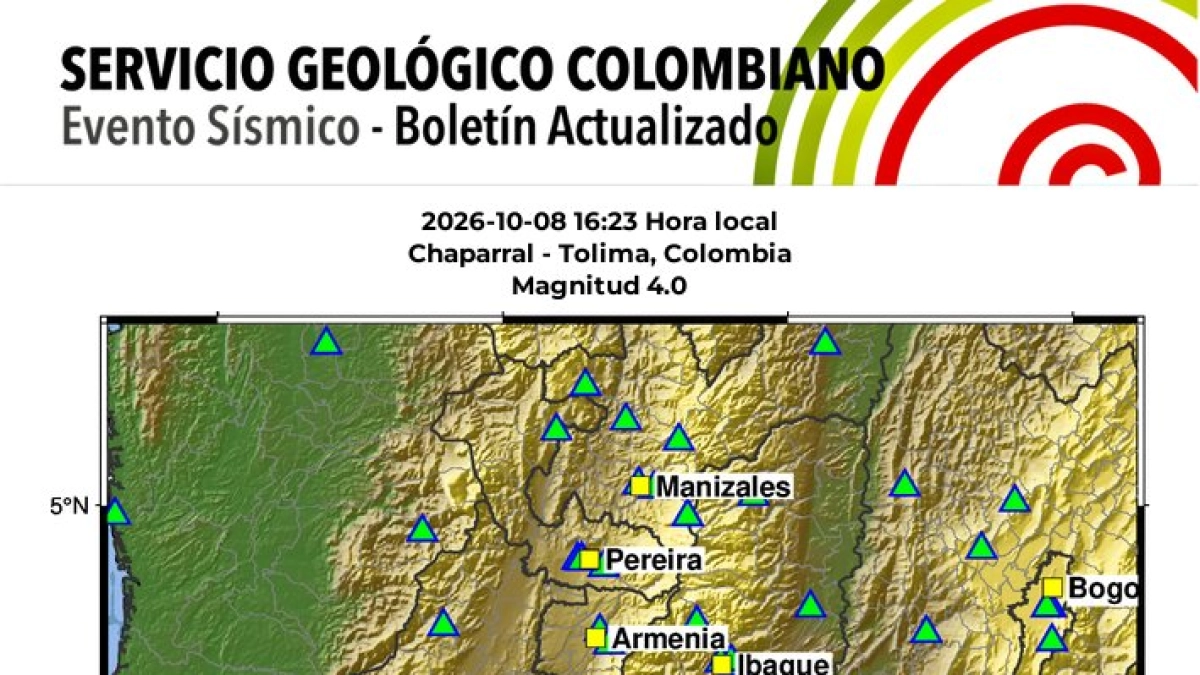 Temblor hoy en Colombia | Reportan sismo de magnitud 4,0 con epicentro en Chaparral, Tolima: se sintió en Bogotá, Ibagué, Cali, Armenia y más ciudades