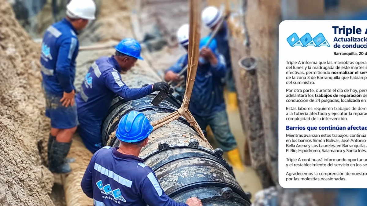 ¿Sigue sin agua? Triple A confirma 12 barrios afectados por fuga en tubería de 24 pulgadas en Barranquilla y Soledad