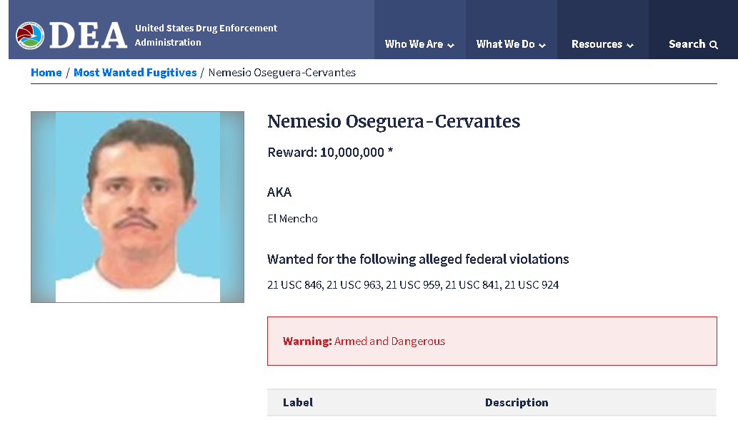 Cartel de la DEA sobre la captura de alias el 'Mencho'.