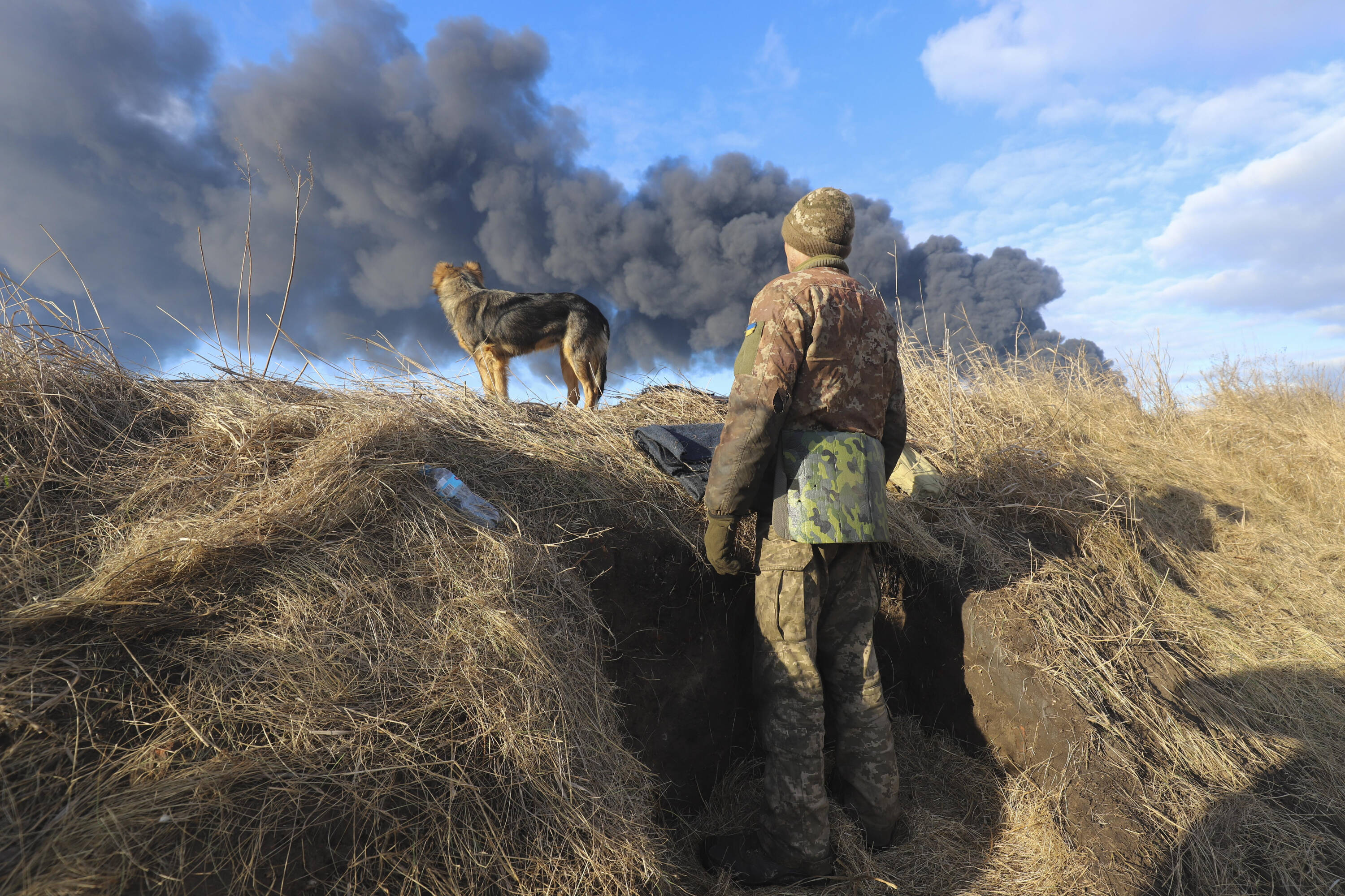 Un militar ucraniano y un perro miran el humo de un depósito de almacenamiento de petróleo quemado, después de que un misil ruso atacara cerca de Kiev.