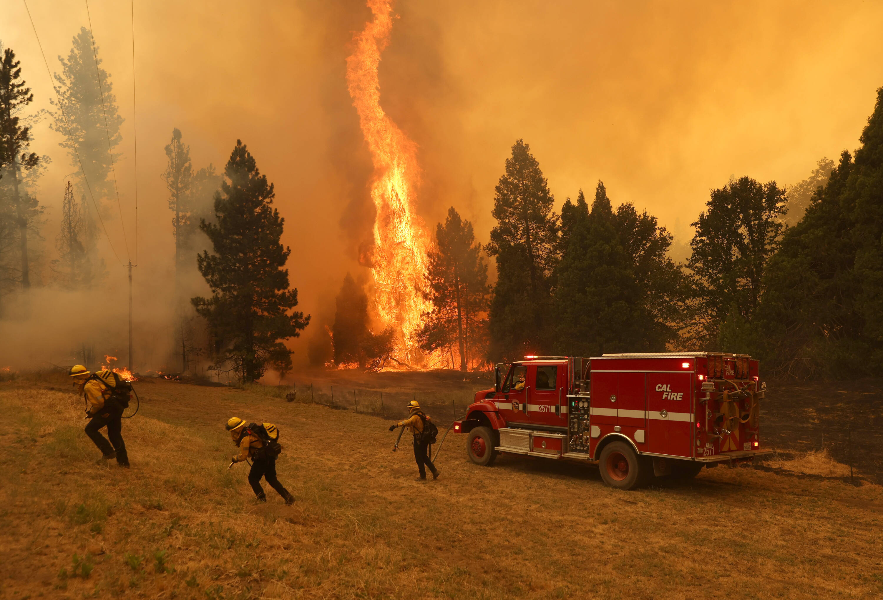 Una fuerte temporada de incendios azotó la osta oeste de Estados Unidos y dejó tan solo en California 9 muertos y 146.605 hectáreas consumidas. En la foto bomberos de Cal Fire luchan contra el incendio Oak cerca de Mariposa, California.