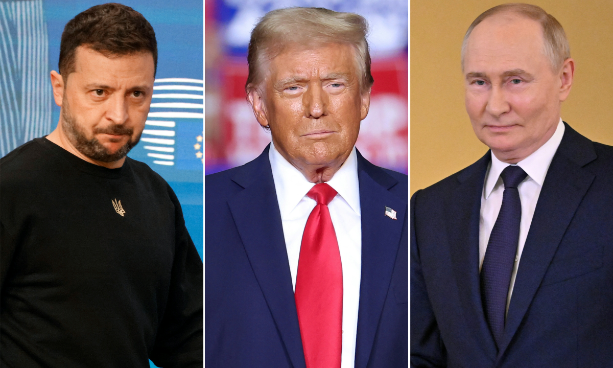 El presidente de Ucrania, Volodimir Zelenski; el virtual presidente de Estados Unidos, Donald Trump; y el mandatario ruso, Vladimir Putin.