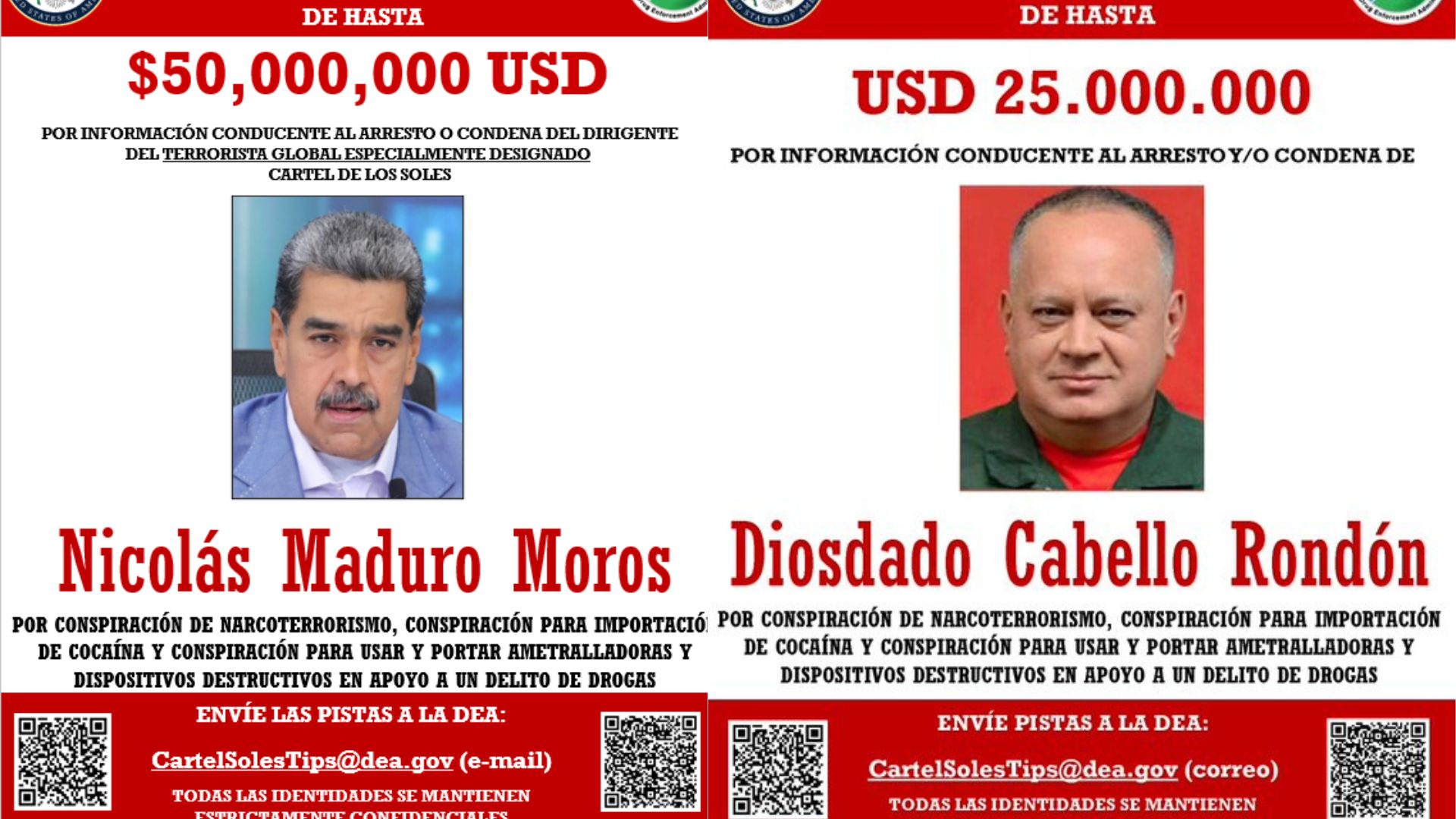 Recompensa de Nicolás Maduro y Diosdado Cabello.
