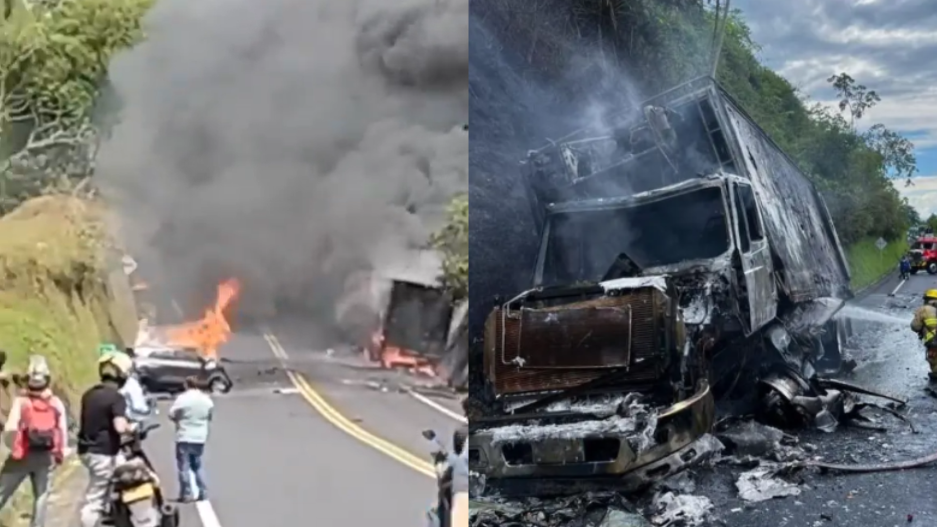 Un carro particular y un vehículo de transporte de cerdos sufreron un fuerte choque en la vía que conecta a pereira con quindiO. Uno de los conductores Murió.