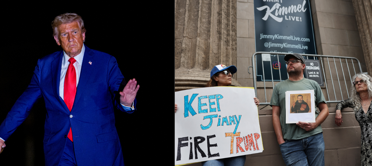 Collage Donald Trump y protestas por cancelación de programa de Jimmy Kimmel.