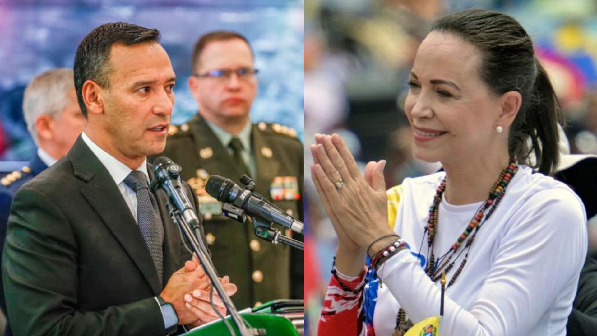 El ministro de Defensa Pedro Sánchez Suárez y María Corina Machado.