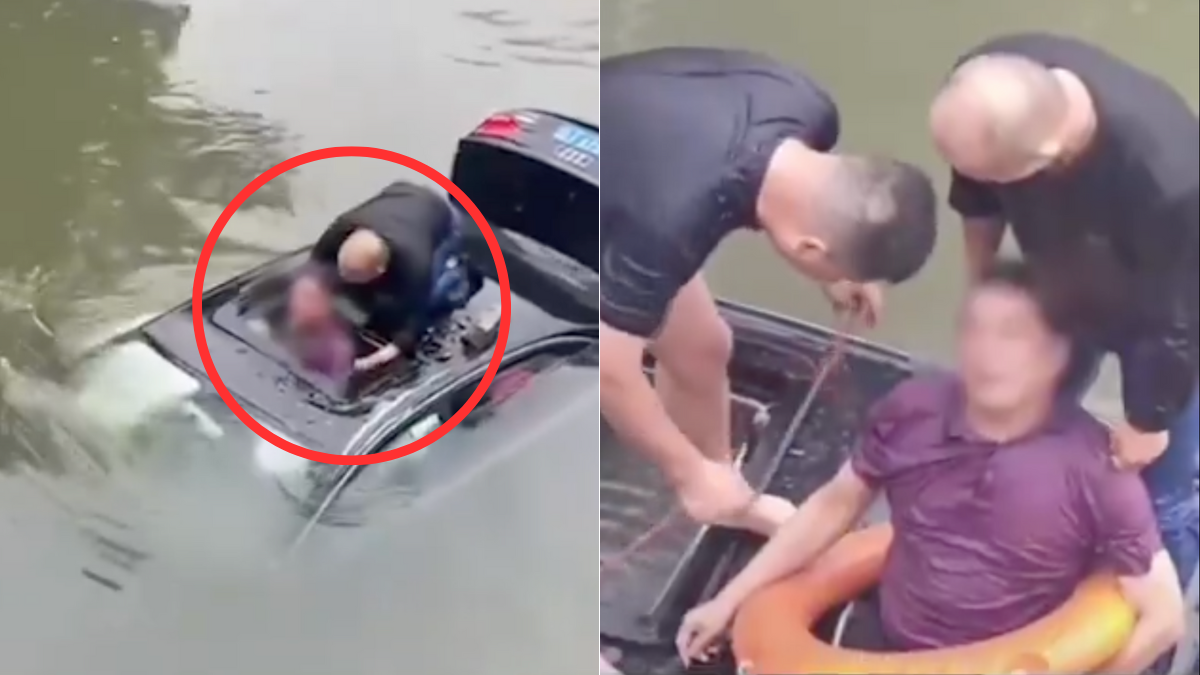 Hombre se lanza al río para rescatar a un conductor atrapado en su auto