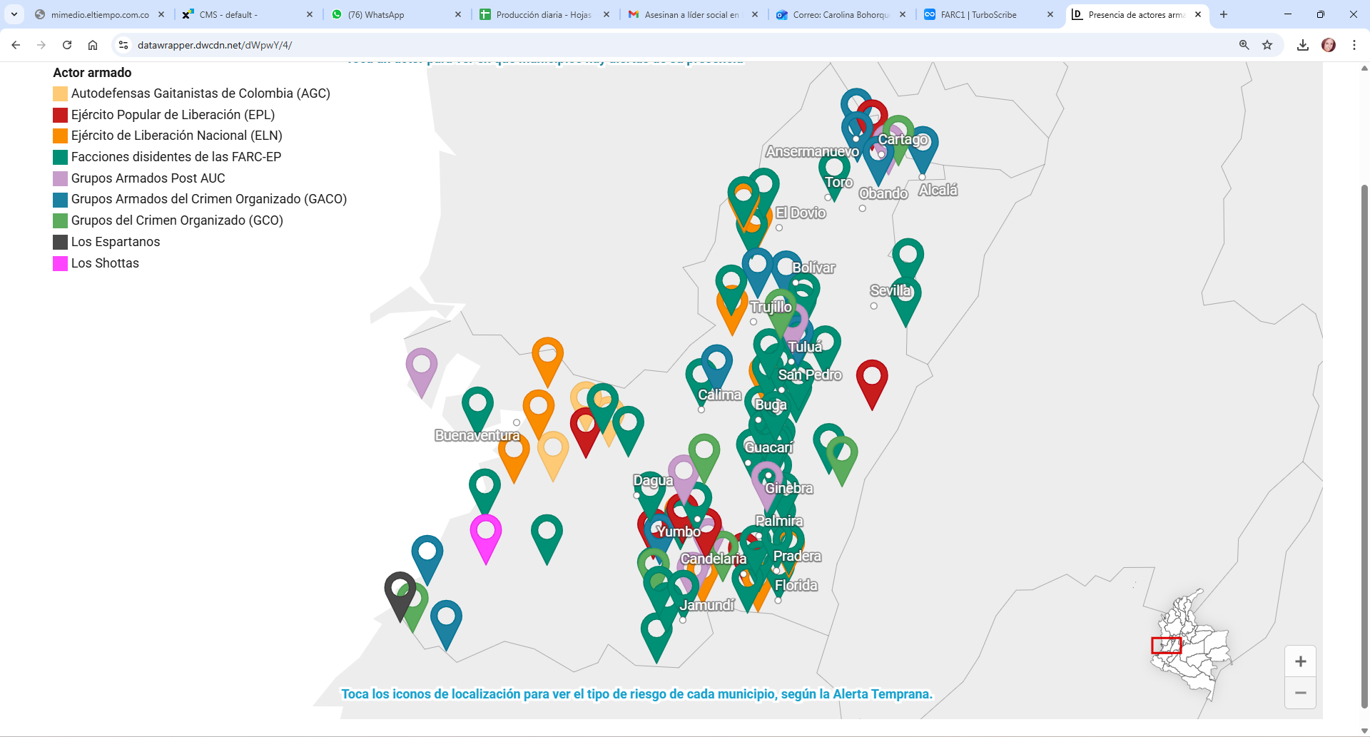 Mapa de los grupos armados en el Valle, 2023- 2024. Fuente: Gobernación del Valle