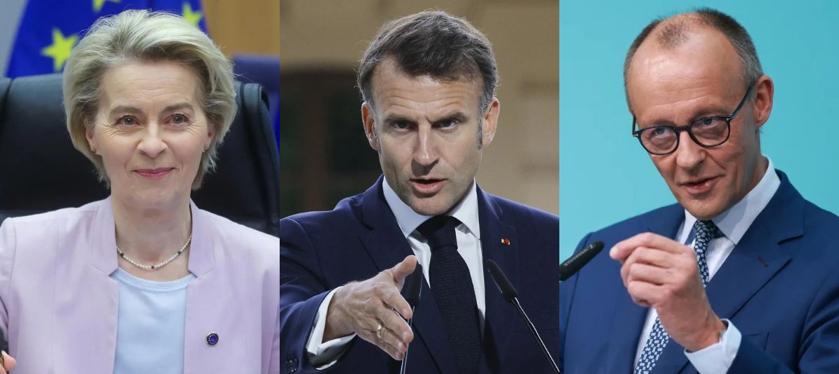 The President of the European Commission, Ursula von der Leyen; the French President, Emmanuel Macron; and the German Chancellor, Friedrich Merz.