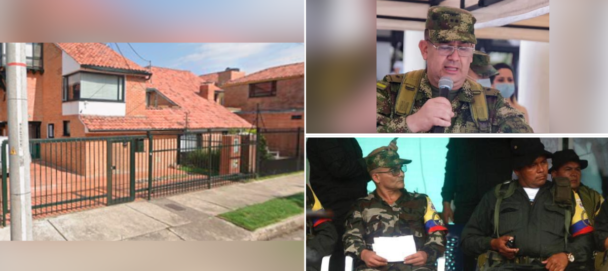 La casa del general Juan Miguel Huertas. Abajo derecha, 'Iván Mordisco' y alias Calarcá.