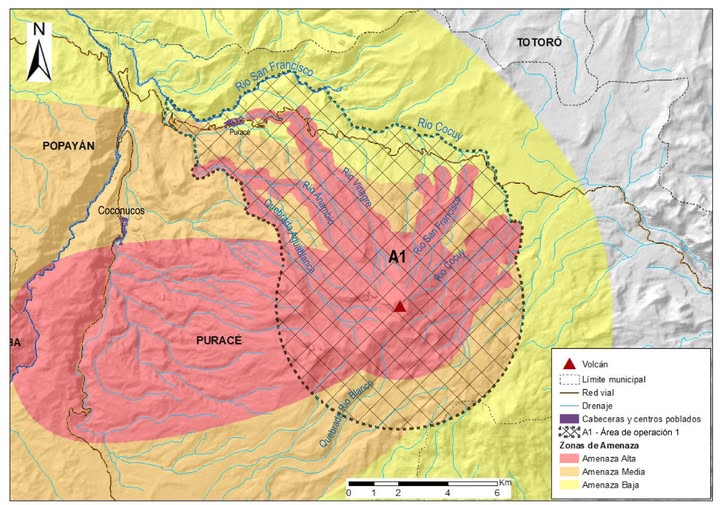 Zonas de amenaza por el volcán Puracé.