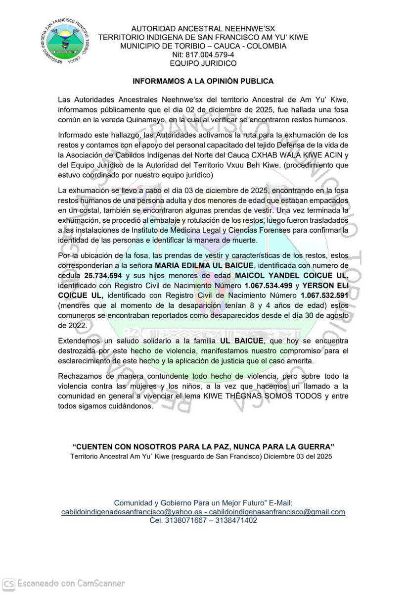 Comunicado sobre el hallazgo de los cuerpos de una mujer y dos niños, en una fosa en Cauca.