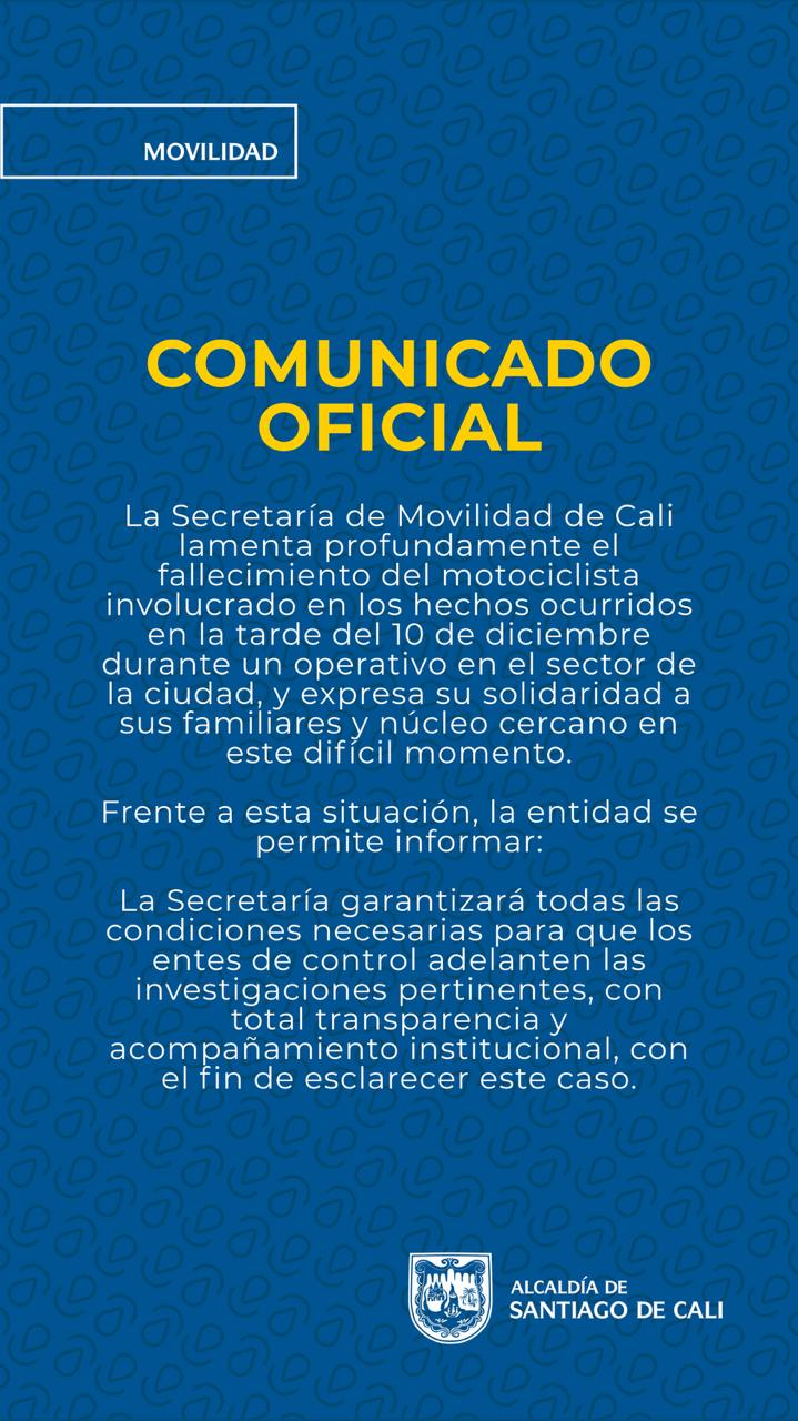 La Secretaría de Movilidad se pronuncia sobre muerte de un motociclista en Cali, tras un confuso operativo de control a infractores.