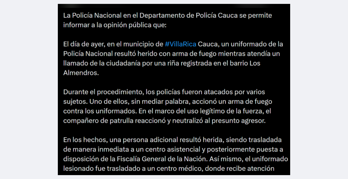 Comunicado de la Policía sobre hechos violentos en Villa Rica, Cauca.