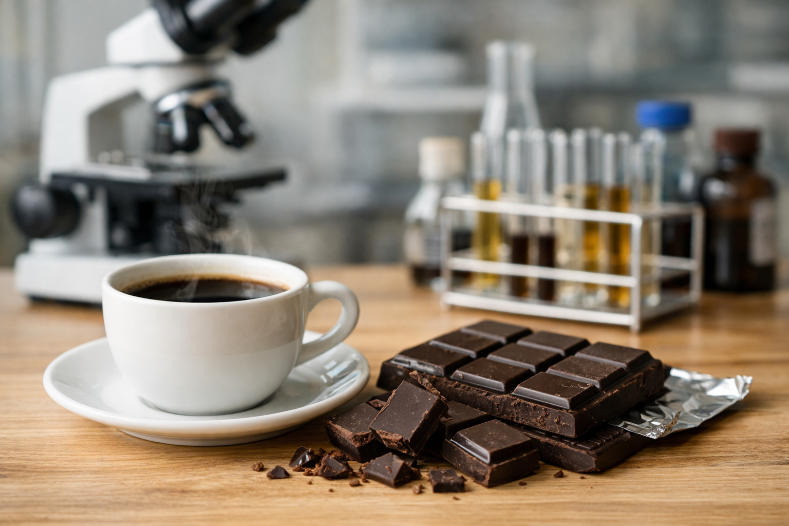 Plano medio–abierto sobre una mesa de madera clara: una taza de café negro humeante y una barra de chocolate negro (≥70% cacao) parcialmente partida. Al fondo, ligeramente desenfocado, un laboratorio moderno con microscopio y tubos de ensayo, sugiriendo investigación científica. Encuadre horizontal equilibrado, regla de tercios, foco principal en café y chocolate.