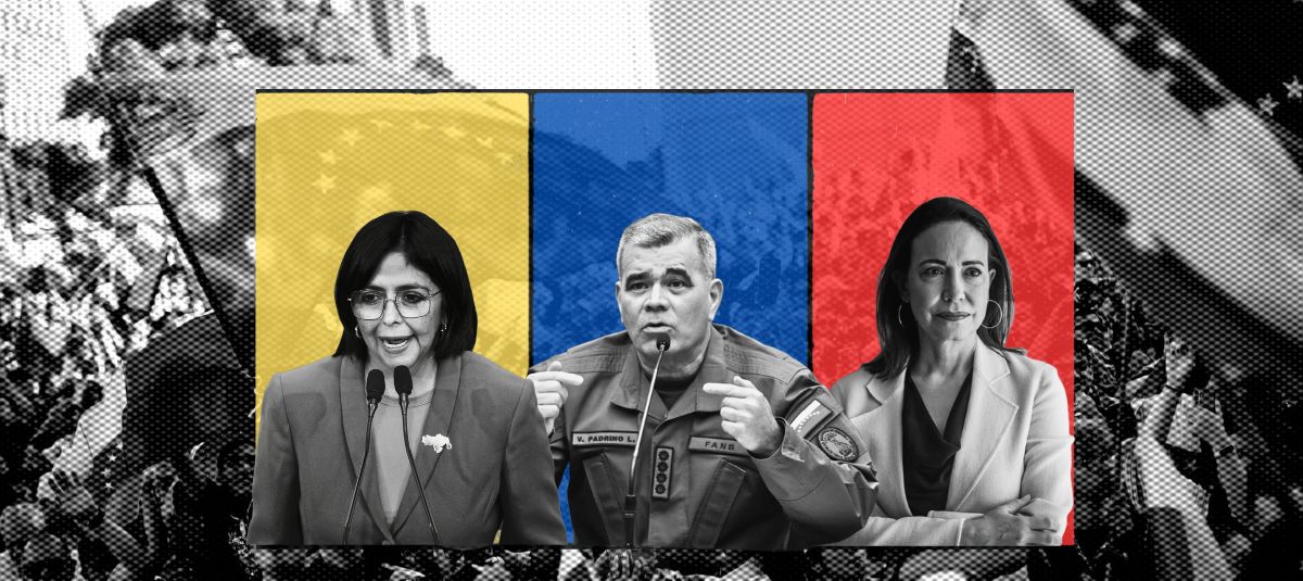 Delcy Rodríguez, Vladimir Padrino y María Corina Machado.