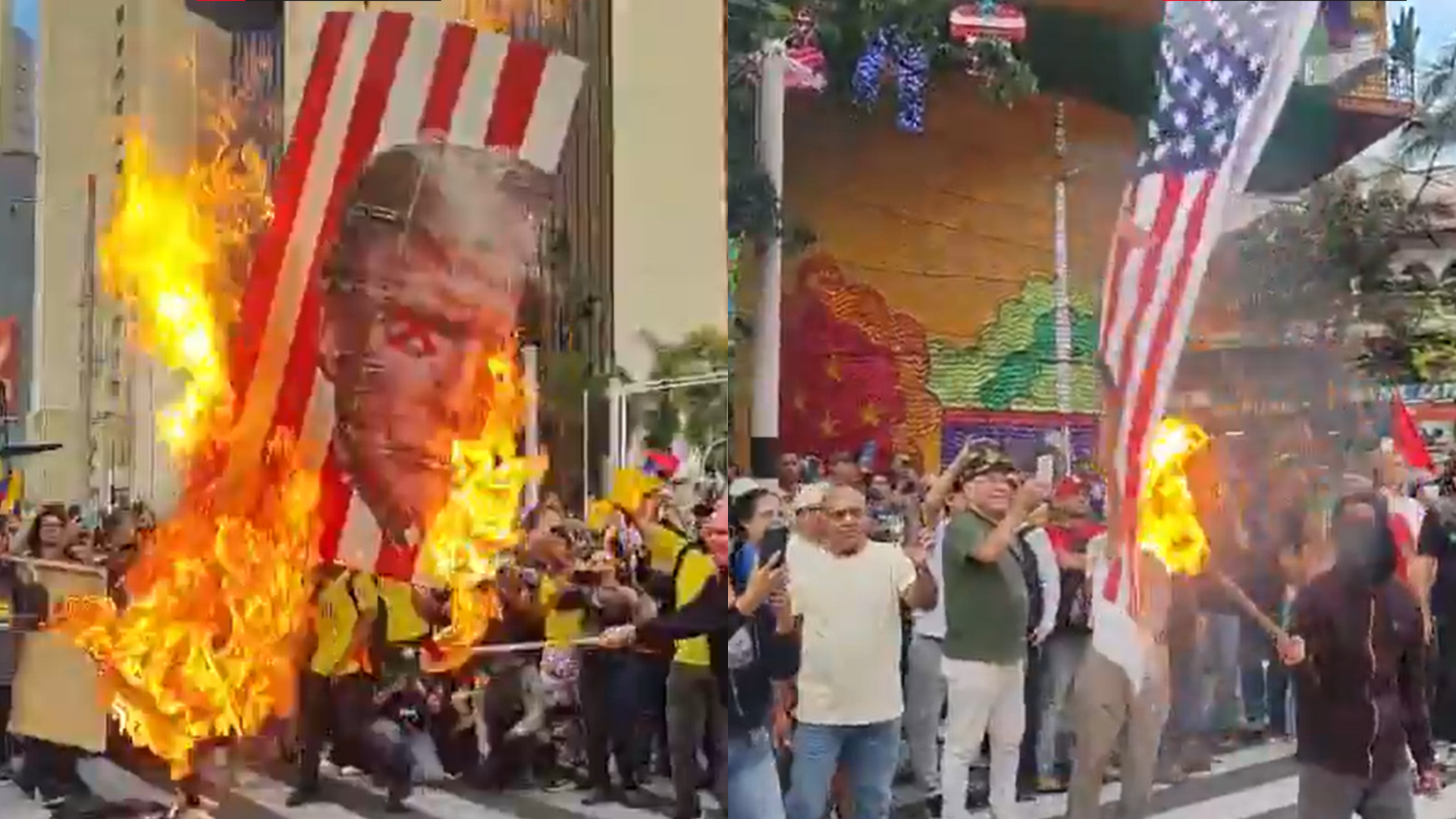 Manifestantes en Medellín le aprendieron fuego a la imagen de Donald Trump ya la bandera estadounidense en marchas convocadas por el presidente Petro.