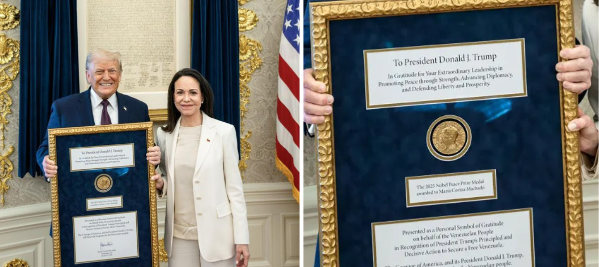 La líder opositora venezolana María Corina Machado entregó a Trump su medalla del Premio Nobel