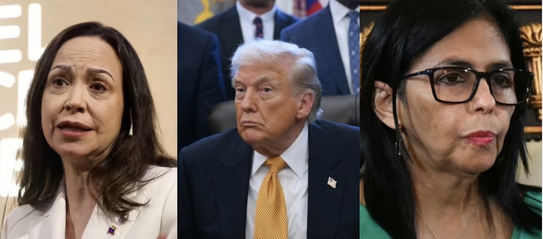 María Corina Machado, Donald Trump y Delcy Rodríguez