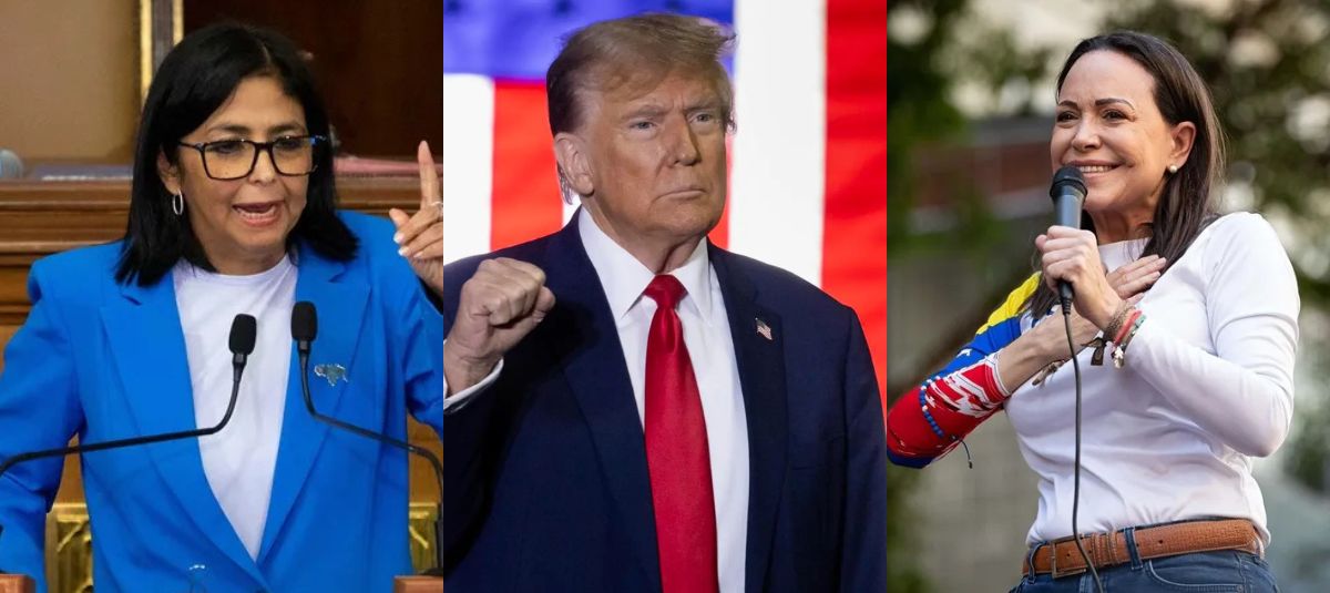 Delcy Rodríguez, Donald Trump y María Corina Machado.