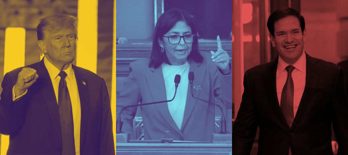 Donald Trump, presidente EE. UU.; Delcy Rodríguez, encargada de Venezuela; y Marco Rubio.