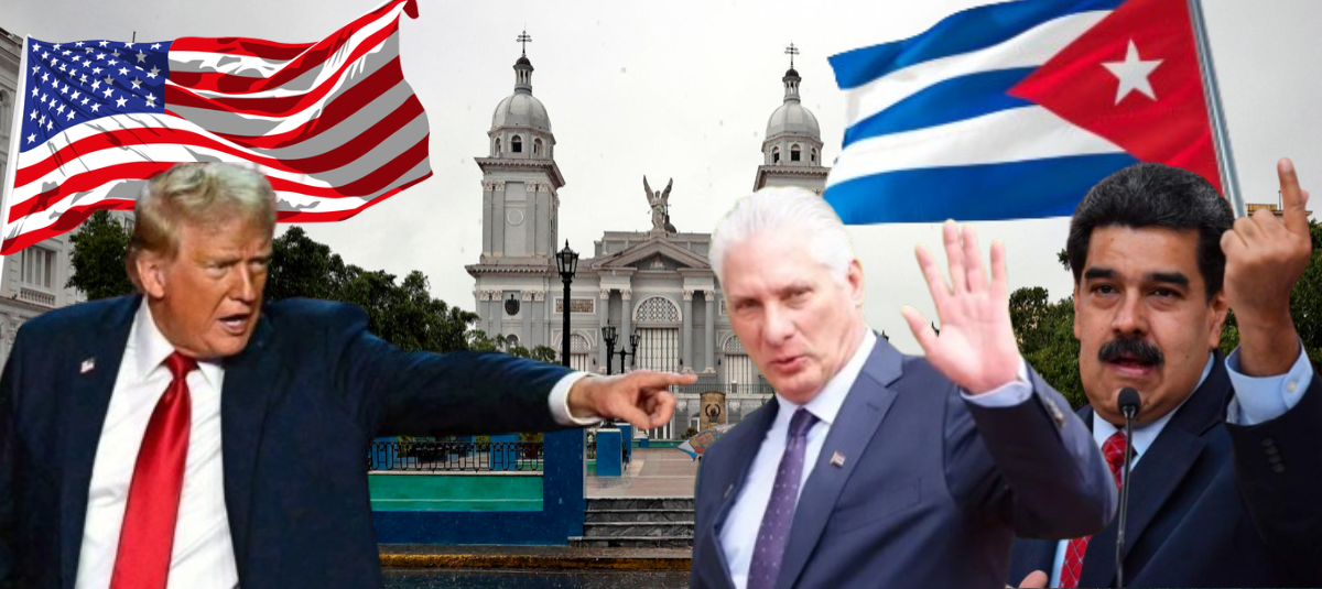 El presidente de Estados Unidos, Donald Trump, y los dictadores Miguel Díaz Canel, de Cuba, y Nicolás Maduro, de Venezuela.