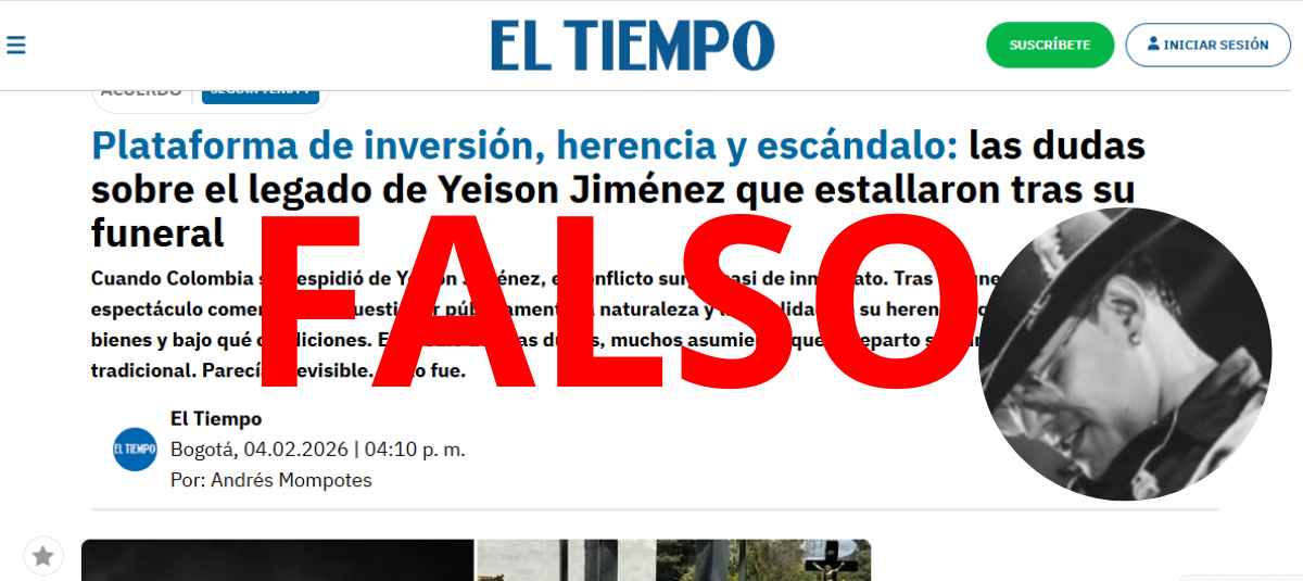 Noticia falsa que suplanta estilos de EL TIEMPO sobre testamento que habría dejado Yeison Jiménez tras accidente de avión