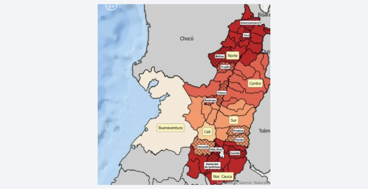 Mapa de homicidios en el Valle y en el norte del Cauca, en 2024.