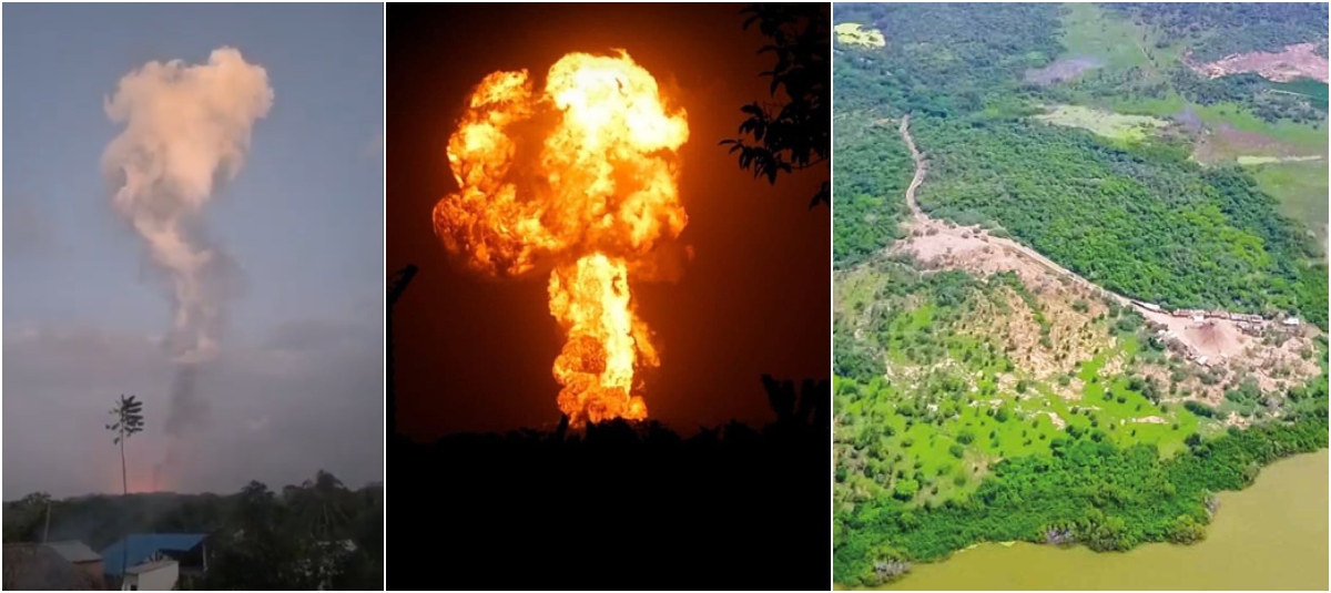 Erupción del volcán en Antioquia e imagen de referencia de un volcán de lodo.