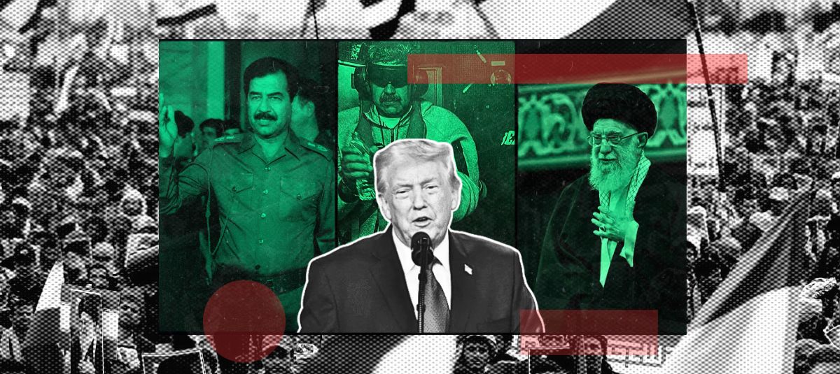 Saddam Hussein, dictador iraquí; Nicolás Maduro, exlíder del régimen chavista; el ayatolá Alí Jamenei y Donald Trump.