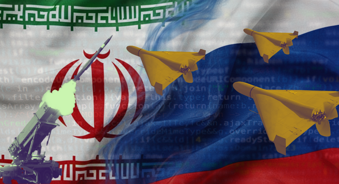 Collage Irán / dron Shahed / misiles Patriot / Rusia / Estados Unidos / Israel