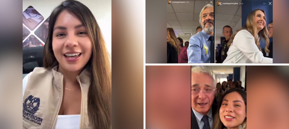 La funcionaria de la Registraduría María Camila Gómez con Paloma Valencia, Daniel Oviedo y Álvaro Uribe.
