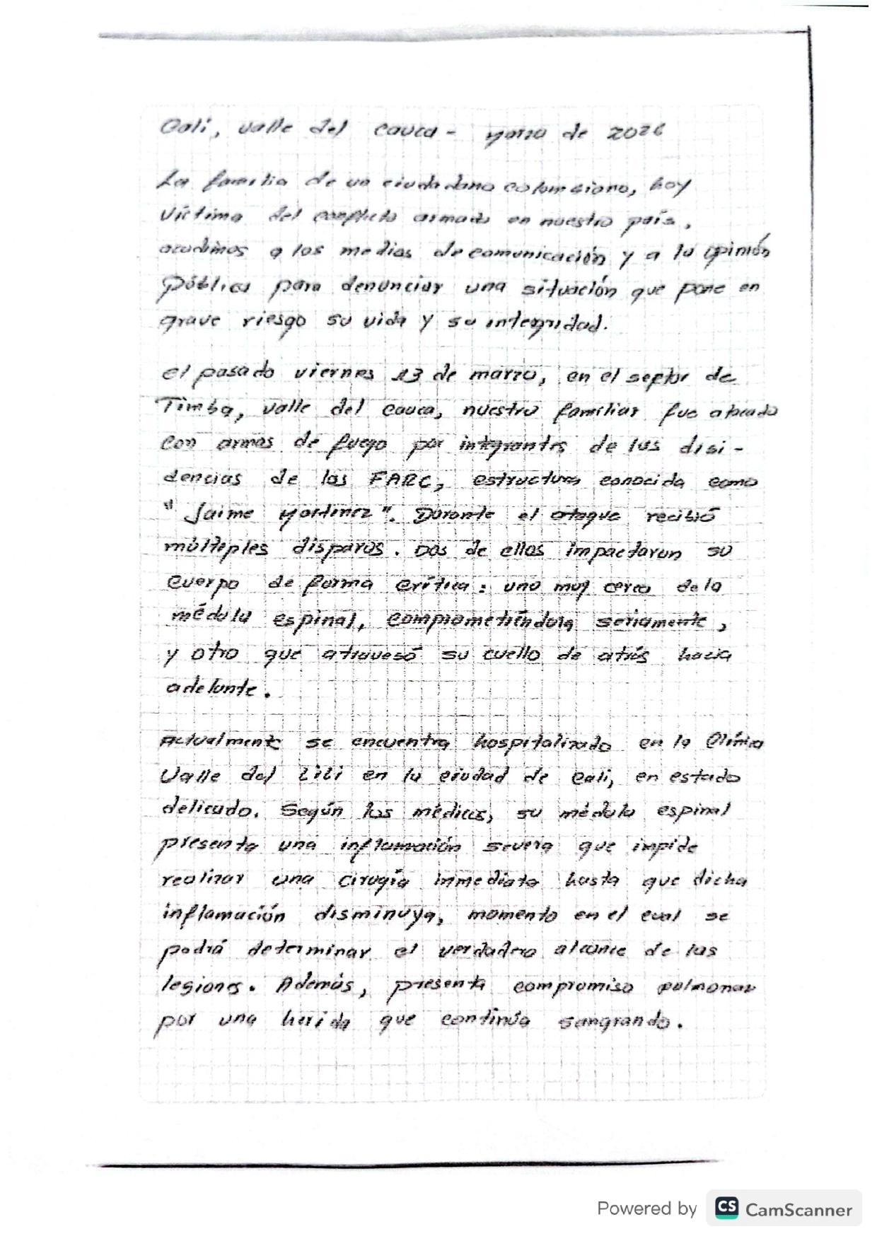Carta de familia de un habitante herido de zona rural de Jamundí por disidentes de Farc.